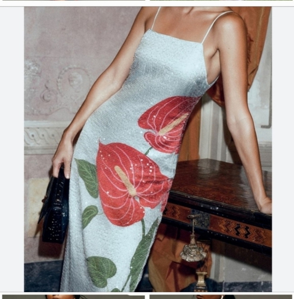 FARM Rio Strapless Dress with Red and Green Floral Accents